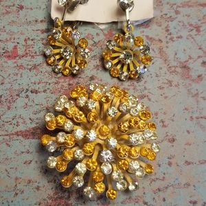 Vintage Orange & Crystal Brooch & Earrings